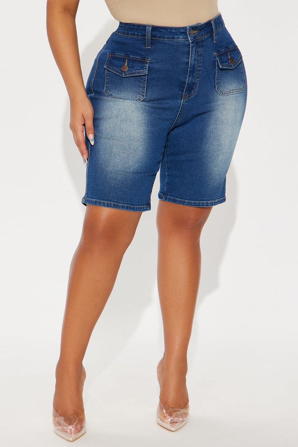 Shocker Tinted Stretch Denim Bermuda Shorts - Dark Wash