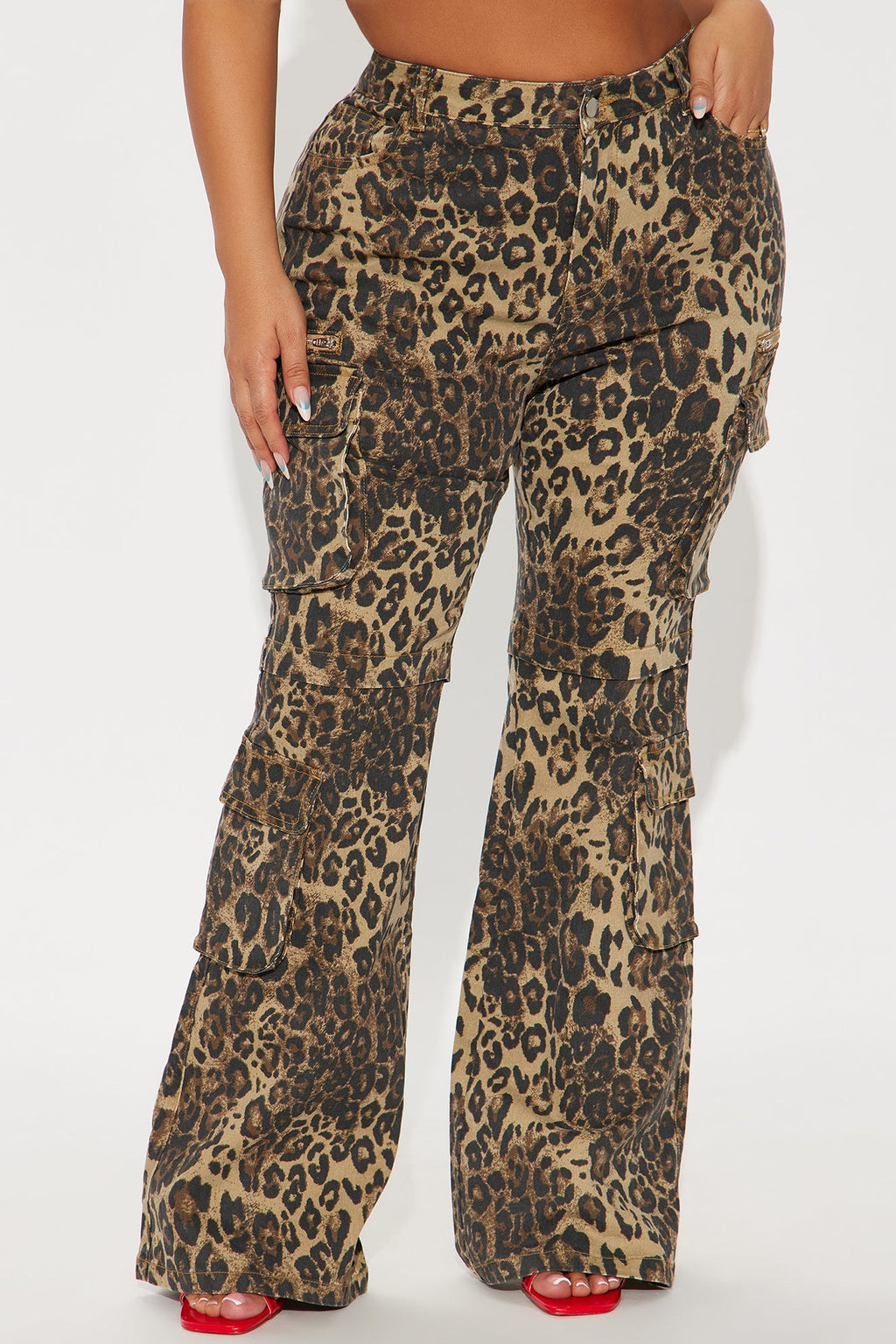 She's A Wild One Cargo Animal Print Flare Jeans - Brown Combo
