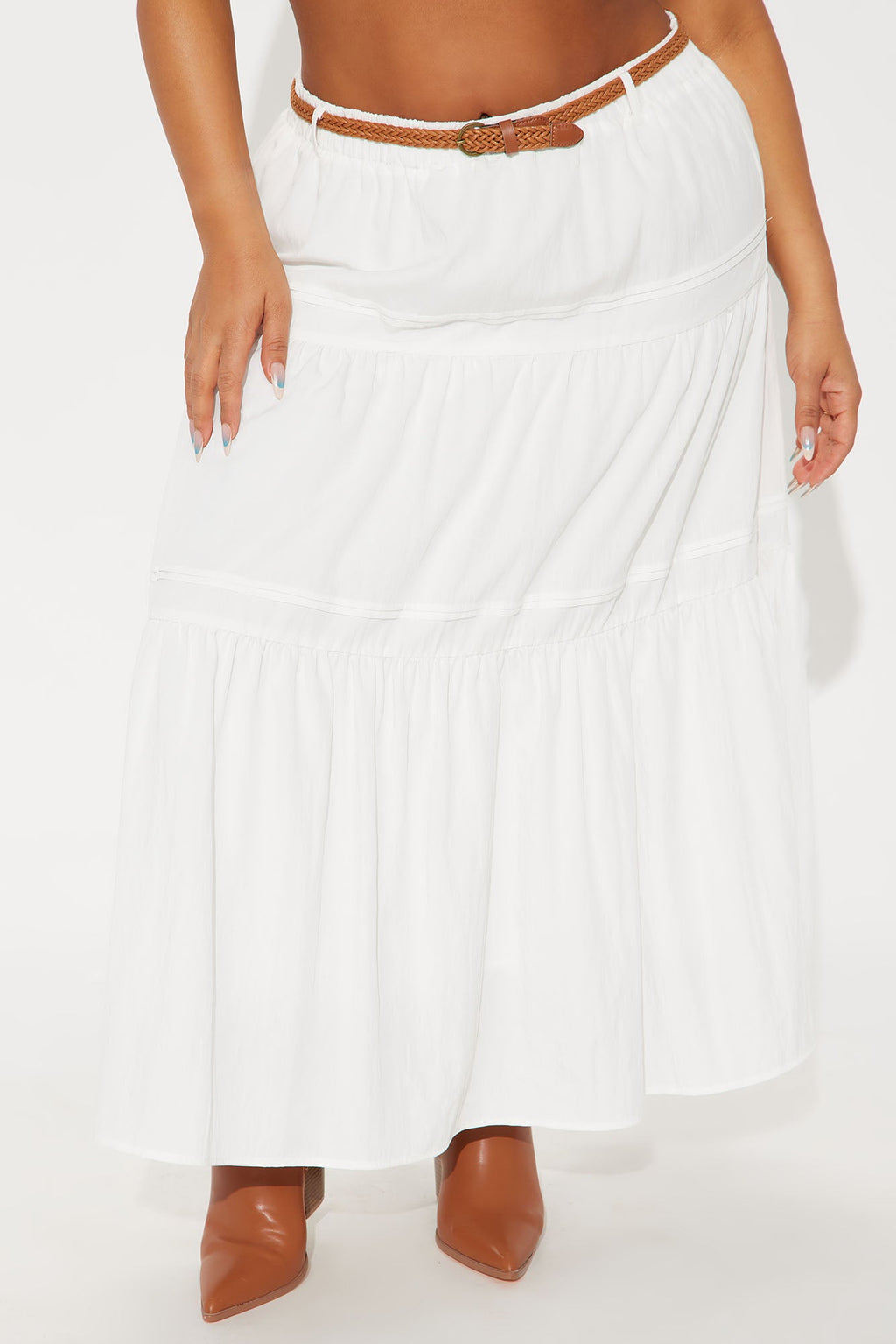 Jasinda Belted Tiered Gauze Midi Skirt - White