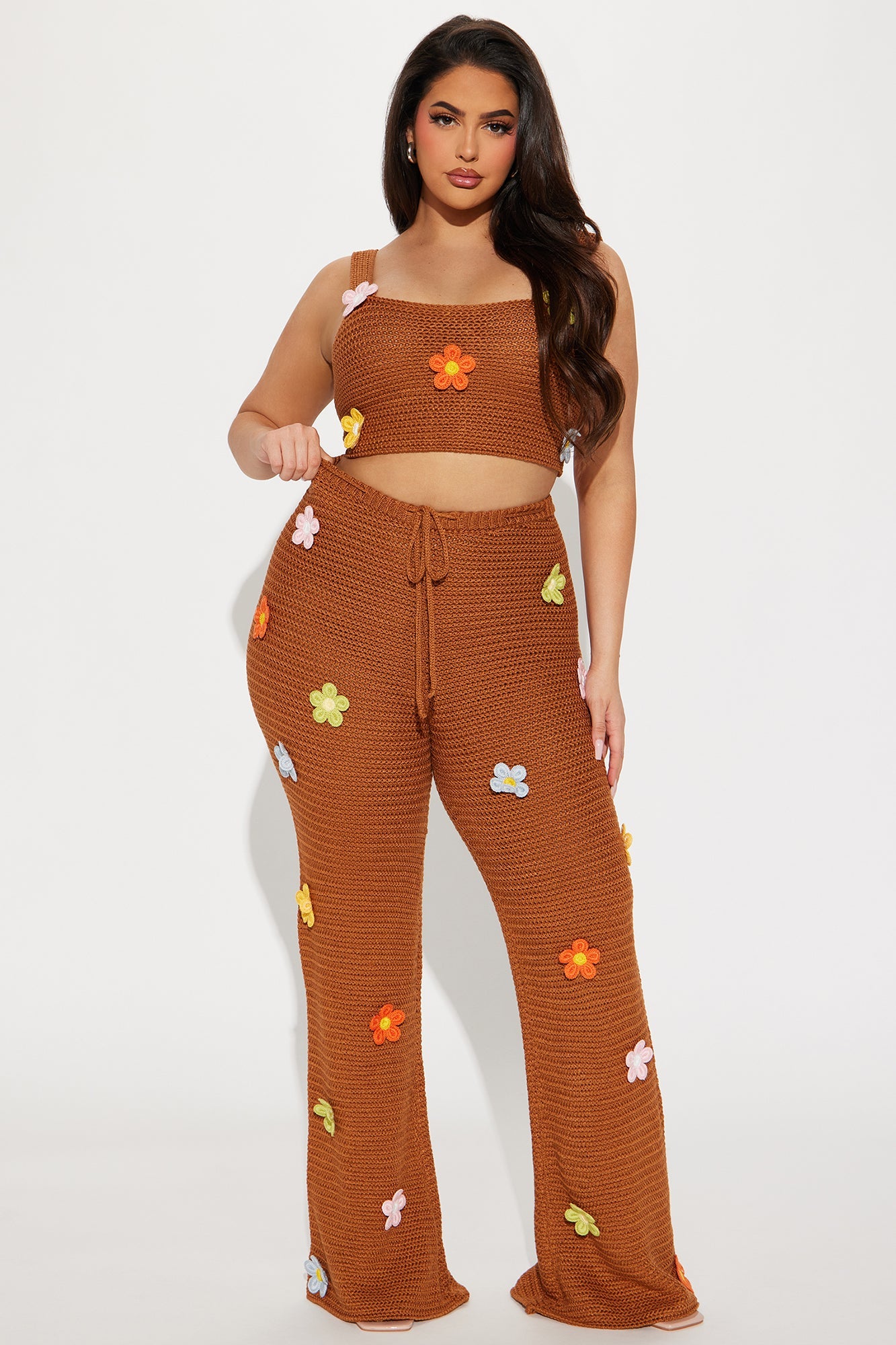 Floral Fields Crochet Pant Set - Mocha