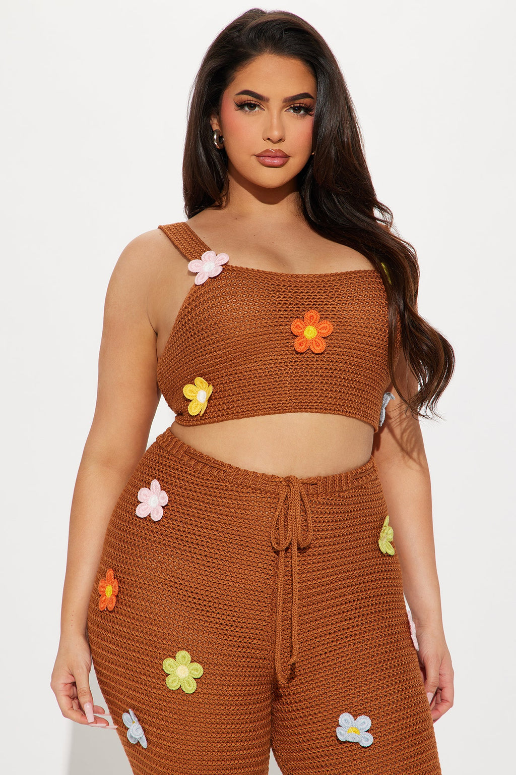 Floral Fields Crochet Pant Set - Mocha