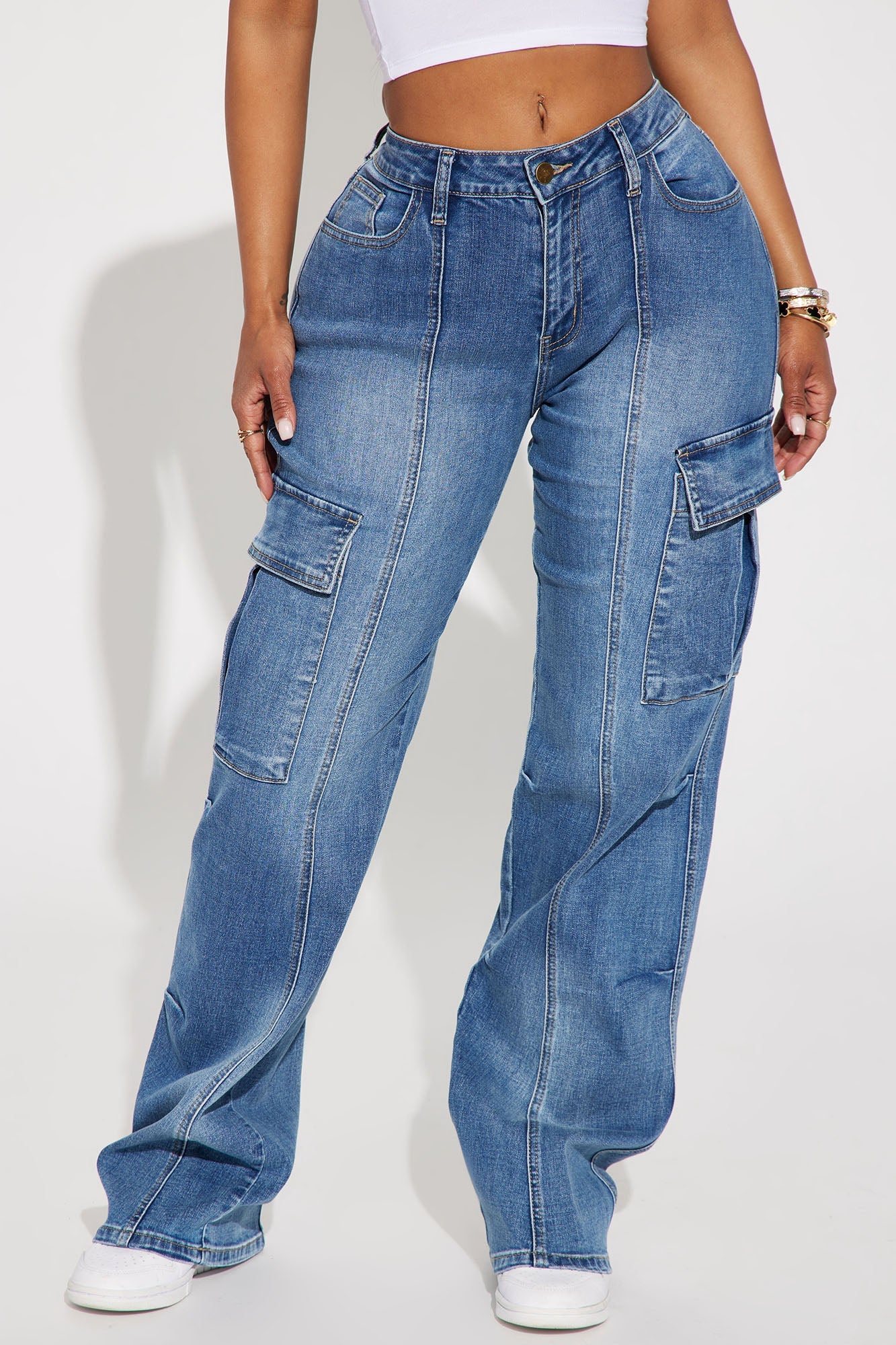 Say It Now Stretch Straight Leg Cargo Jeans - Dark Wash
