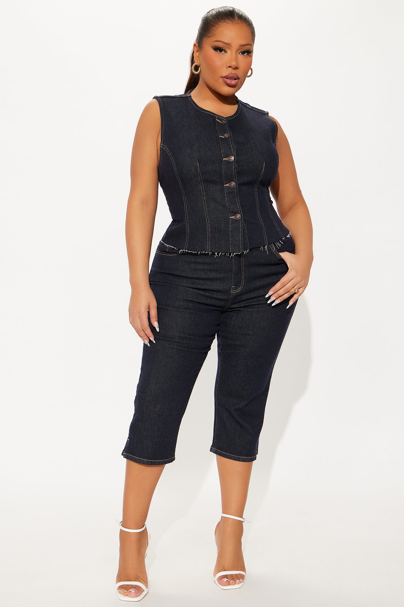 Dakota Denim Vest And Capri Set - Dark Wash