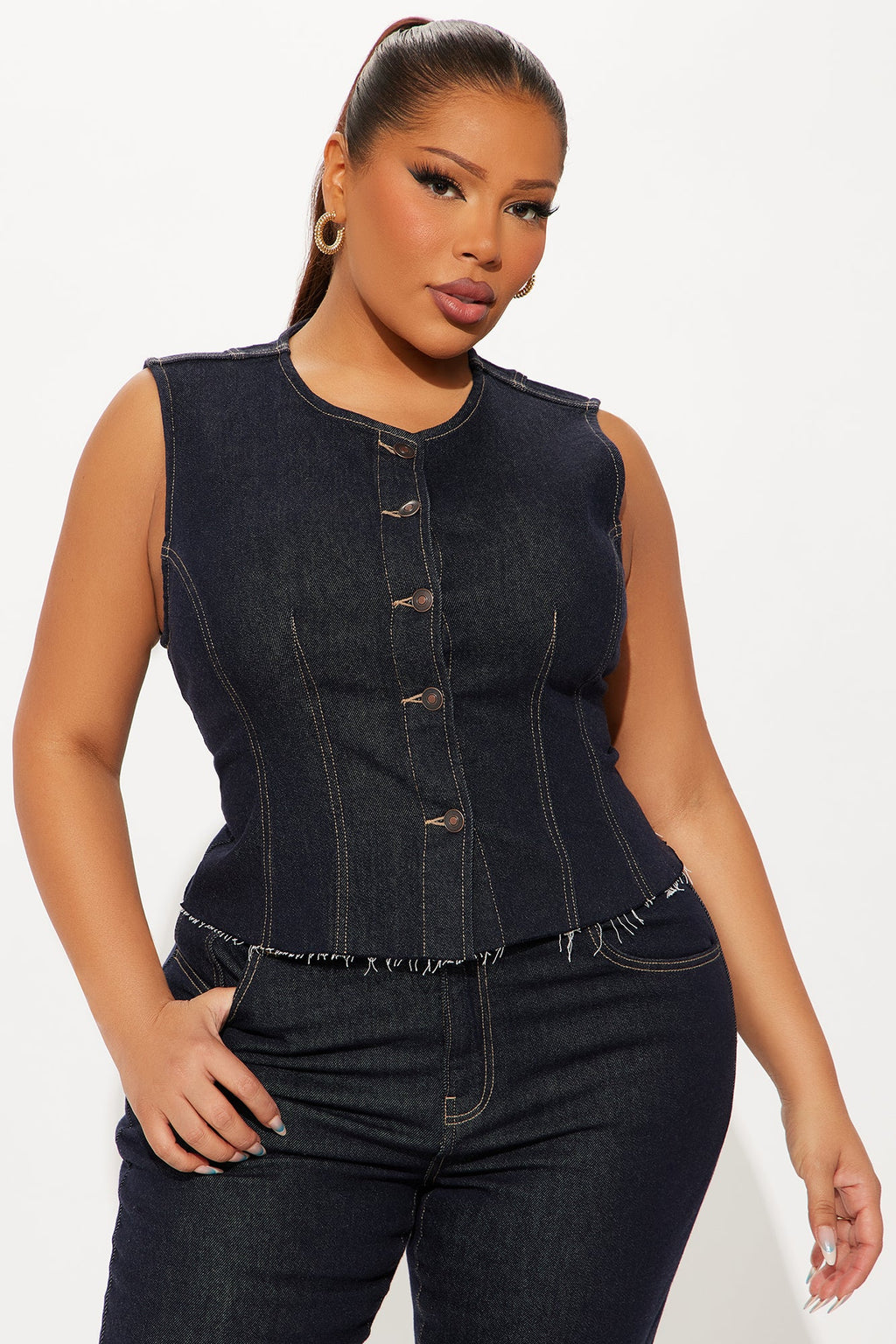 Dakota Denim Vest And Capri Set - Dark Wash