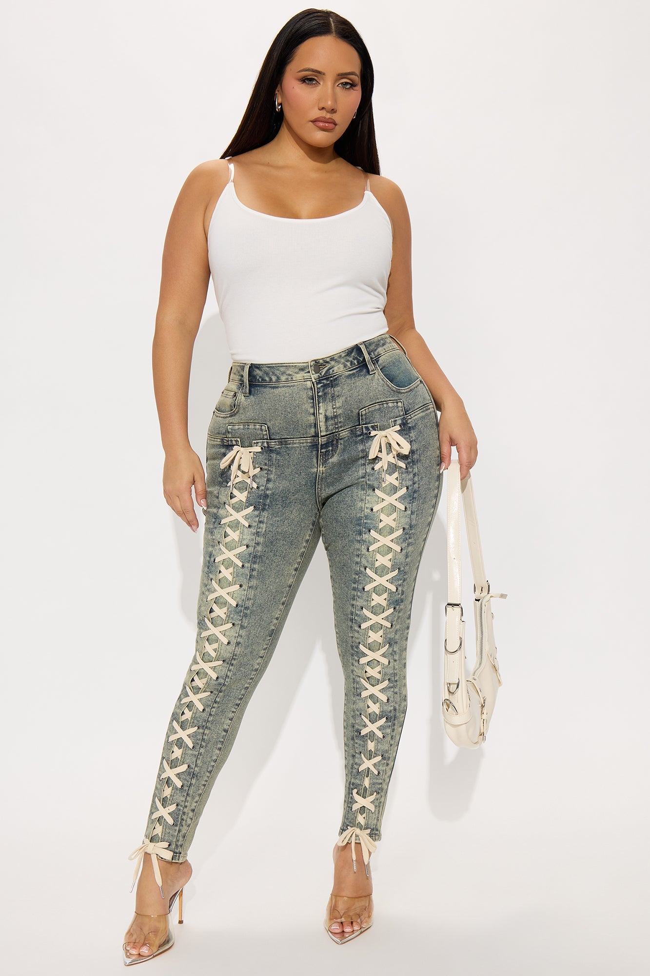 Don't Cross Me Lace Up Stretch Skinny Jeans - Vintage Wash