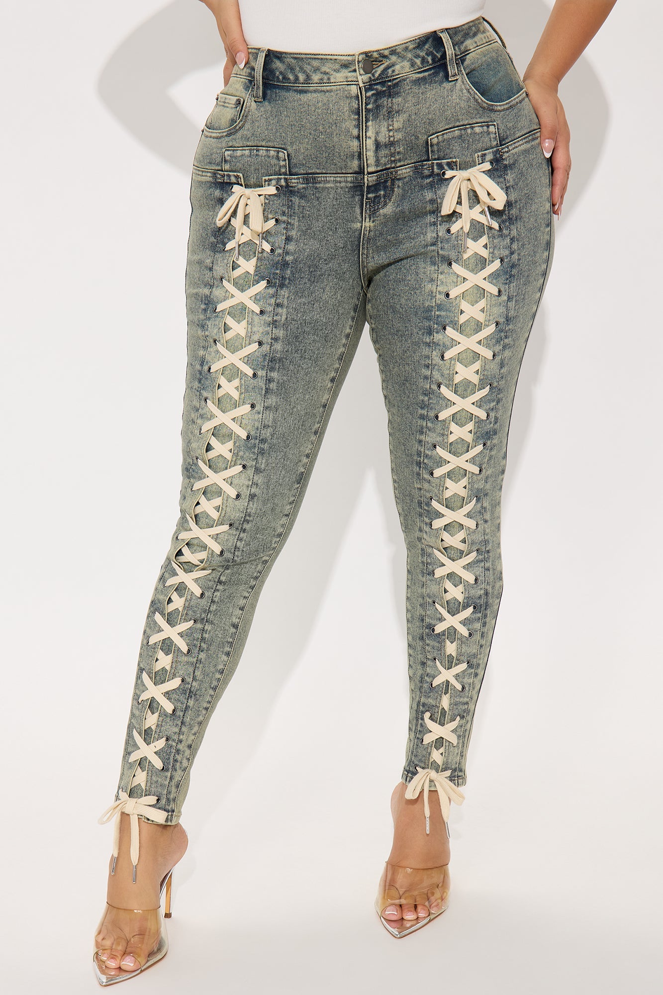 Don't Cross Me Lace Up Stretch Skinny Jeans - Vintage Wash