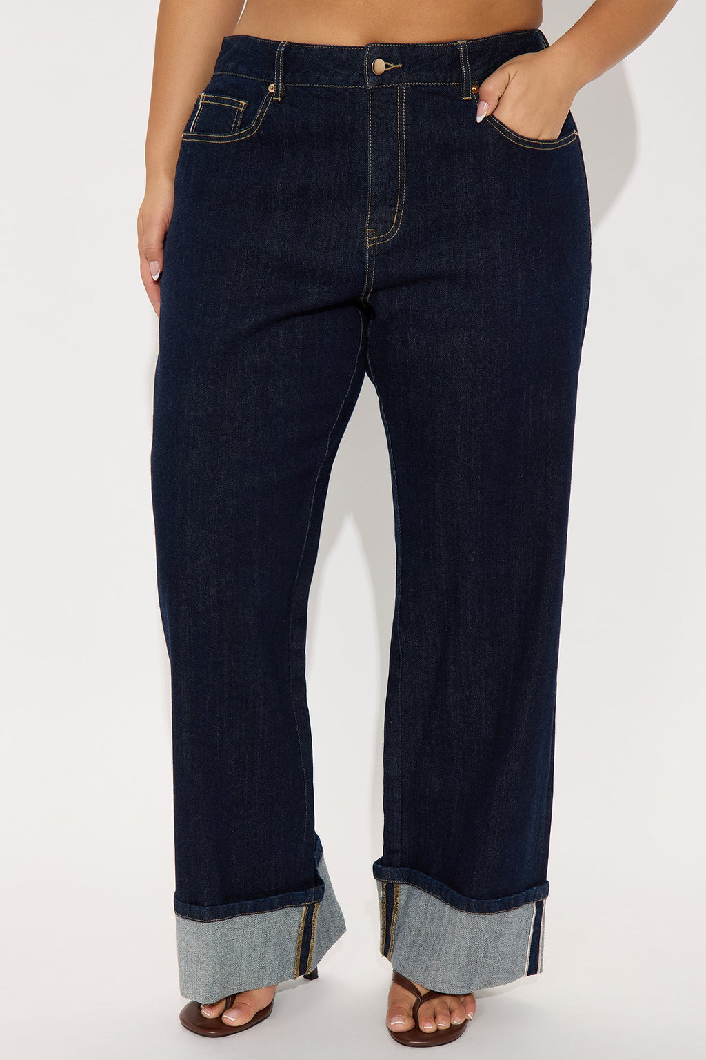 Premium Cuffed Straight Leg Jeans - Dark Wash