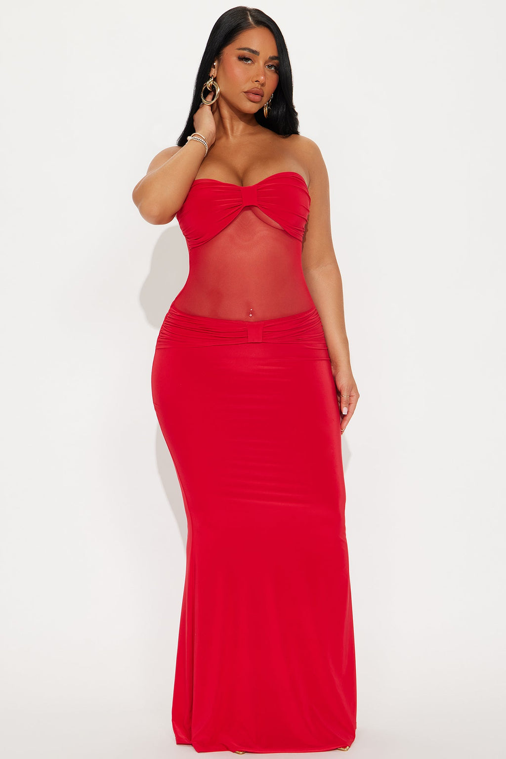 Elena Sheer Mesh Maxi Dress - Red