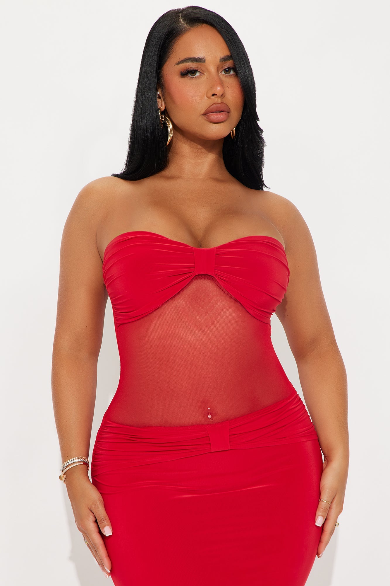 Elena Sheer Mesh Maxi Dress - Red