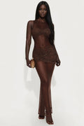 Diamond Diva Embellished Mesh Maxi Dress - Chocolate
