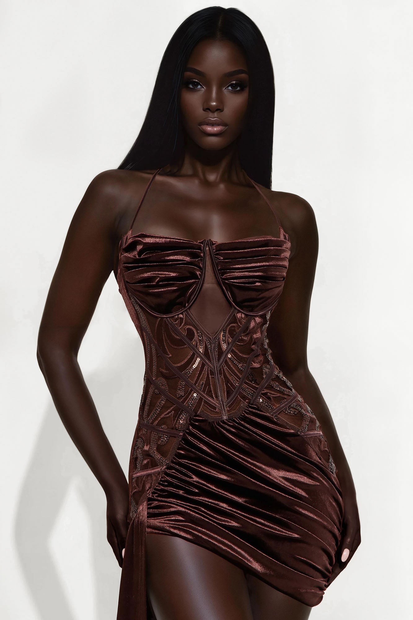 Secret Romance Embellished Mini Dress - Chocolate