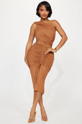 Amber Glow Mesh Midi Dress - Cognac