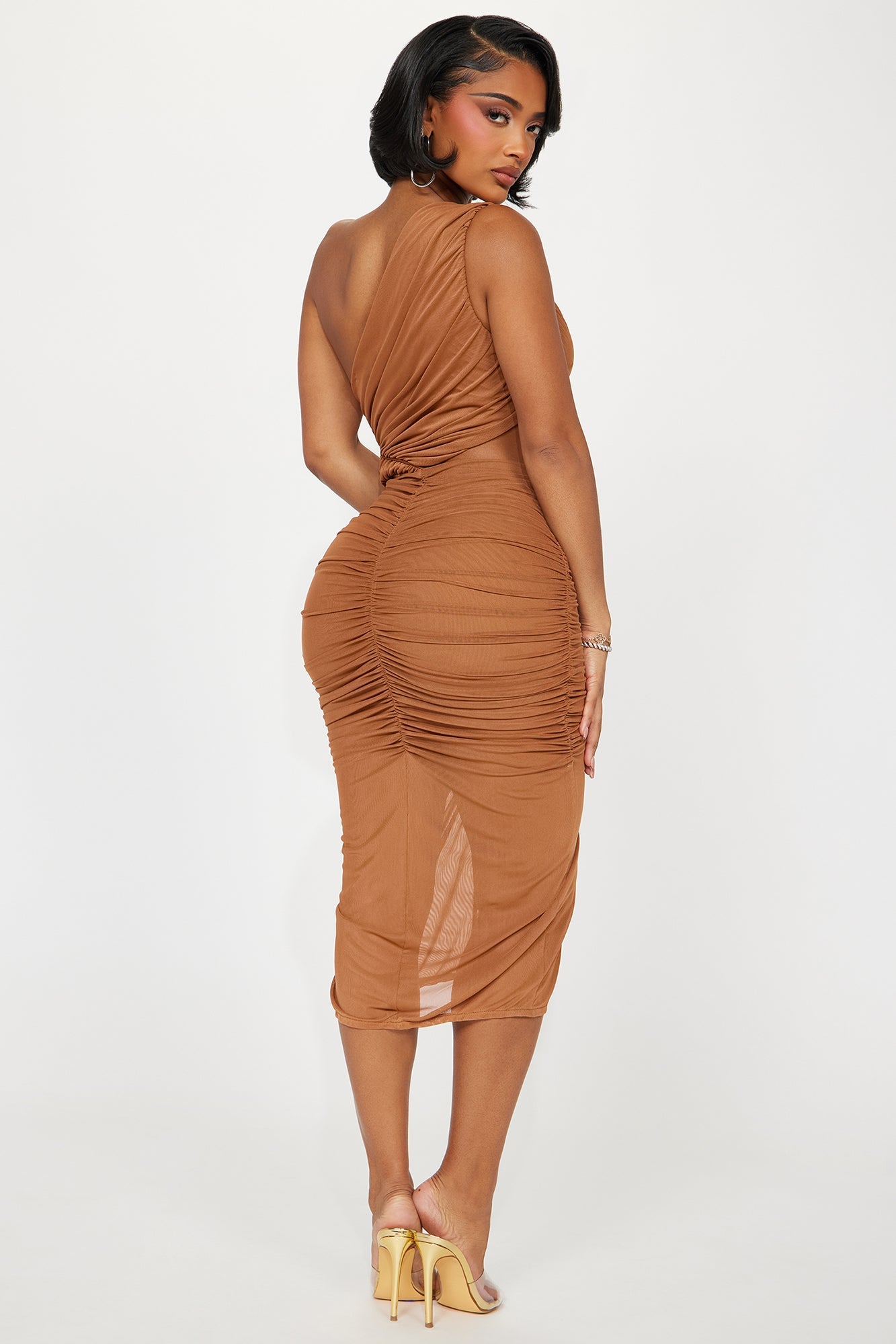 Amber Glow Mesh Midi Dress - Cognac