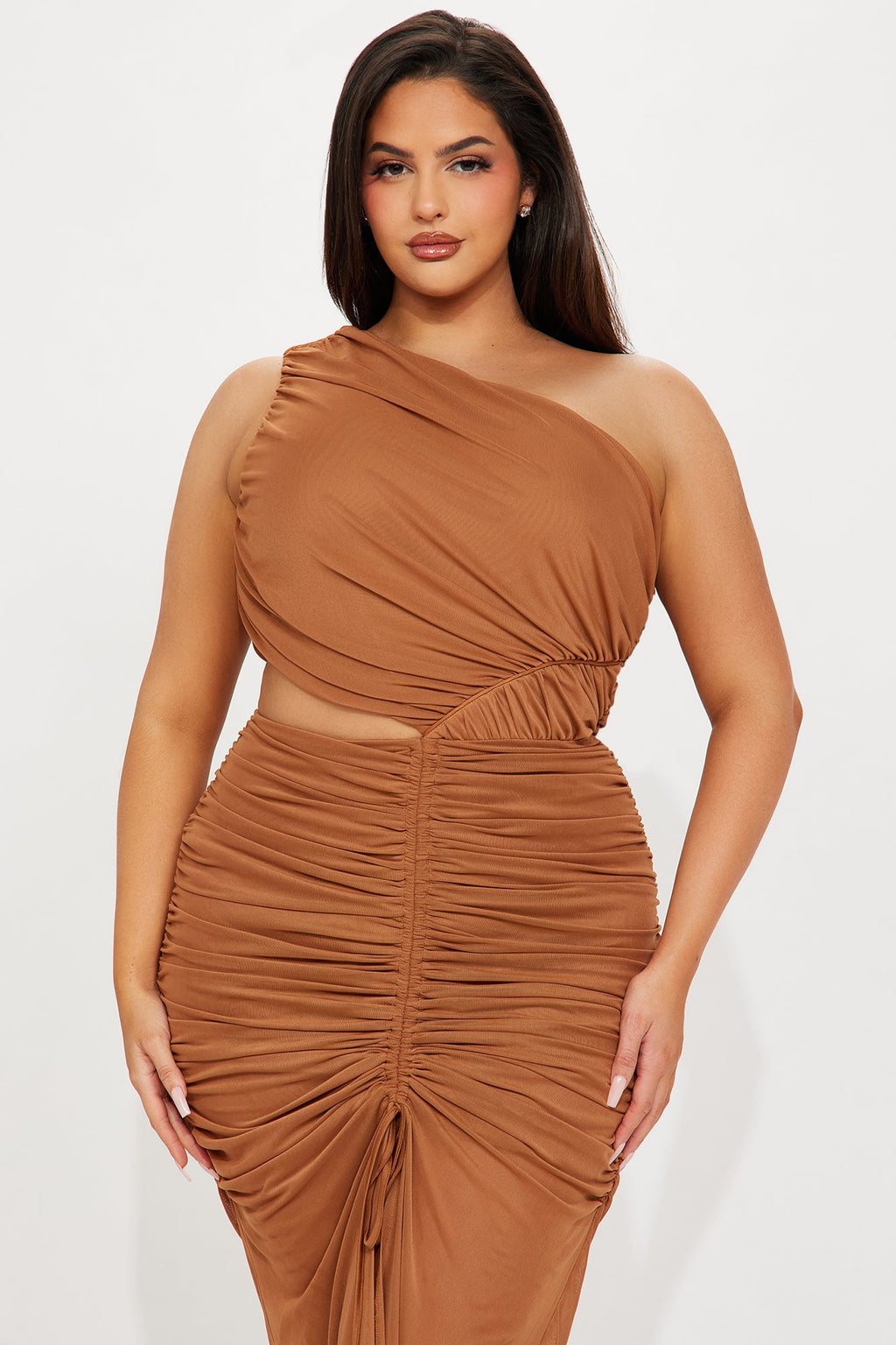 Amber Glow Mesh Midi Dress - Cognac