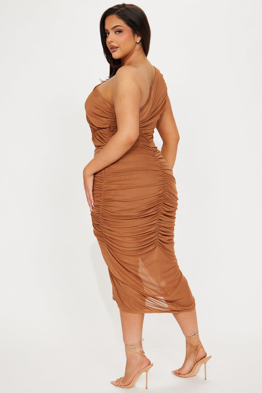 Amber Glow Mesh Midi Dress - Cognac