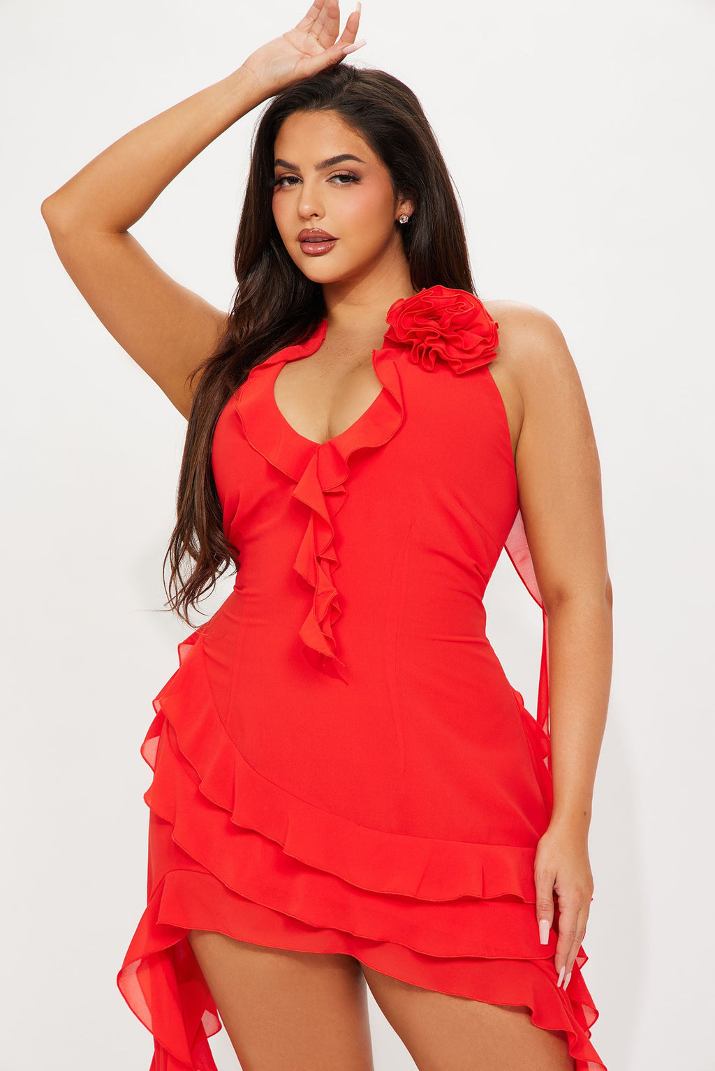 Ruffles and Roses Mini Dress - Red