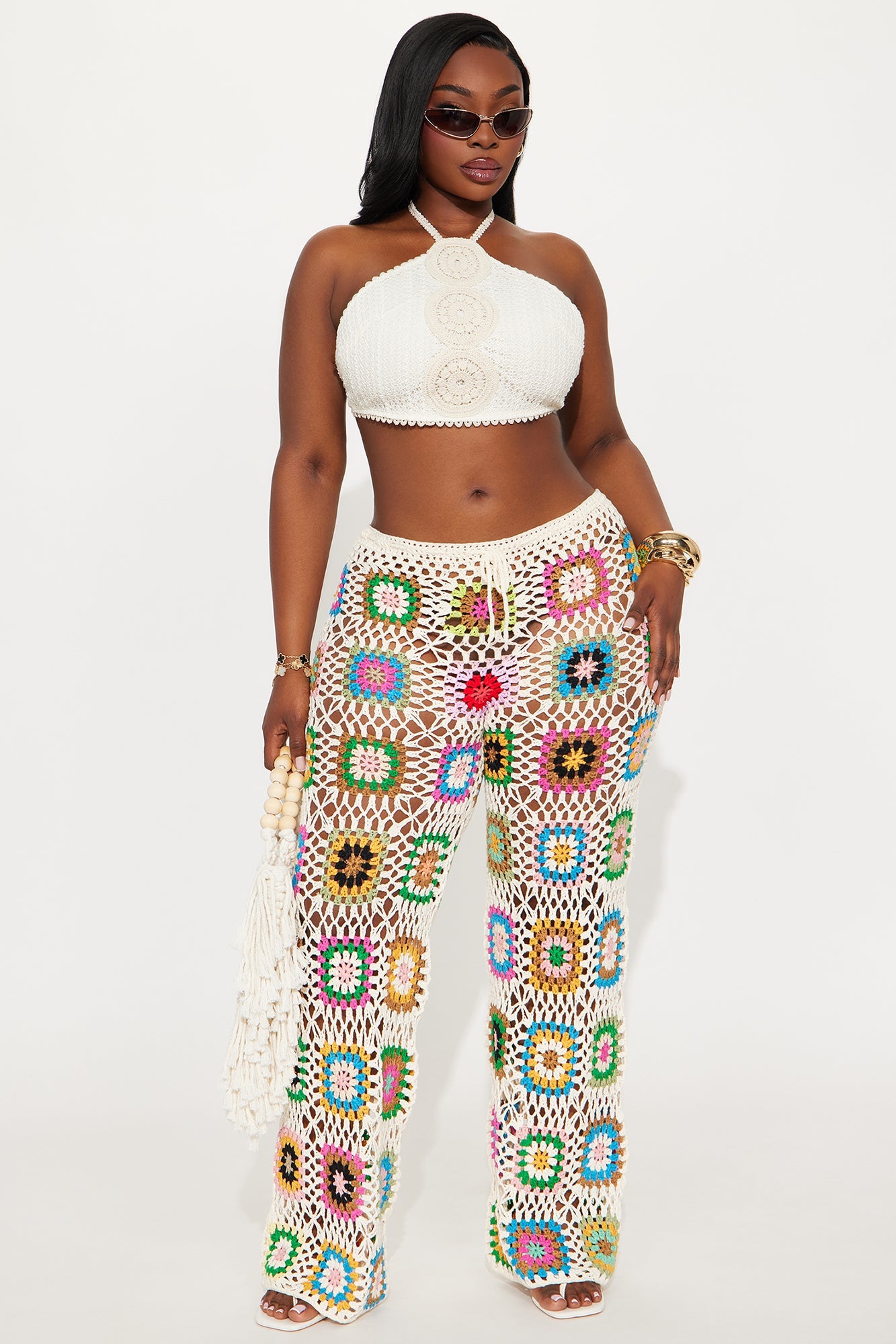 Thriving In The Sun Crochet Wide Leg Pant - Cream/combo