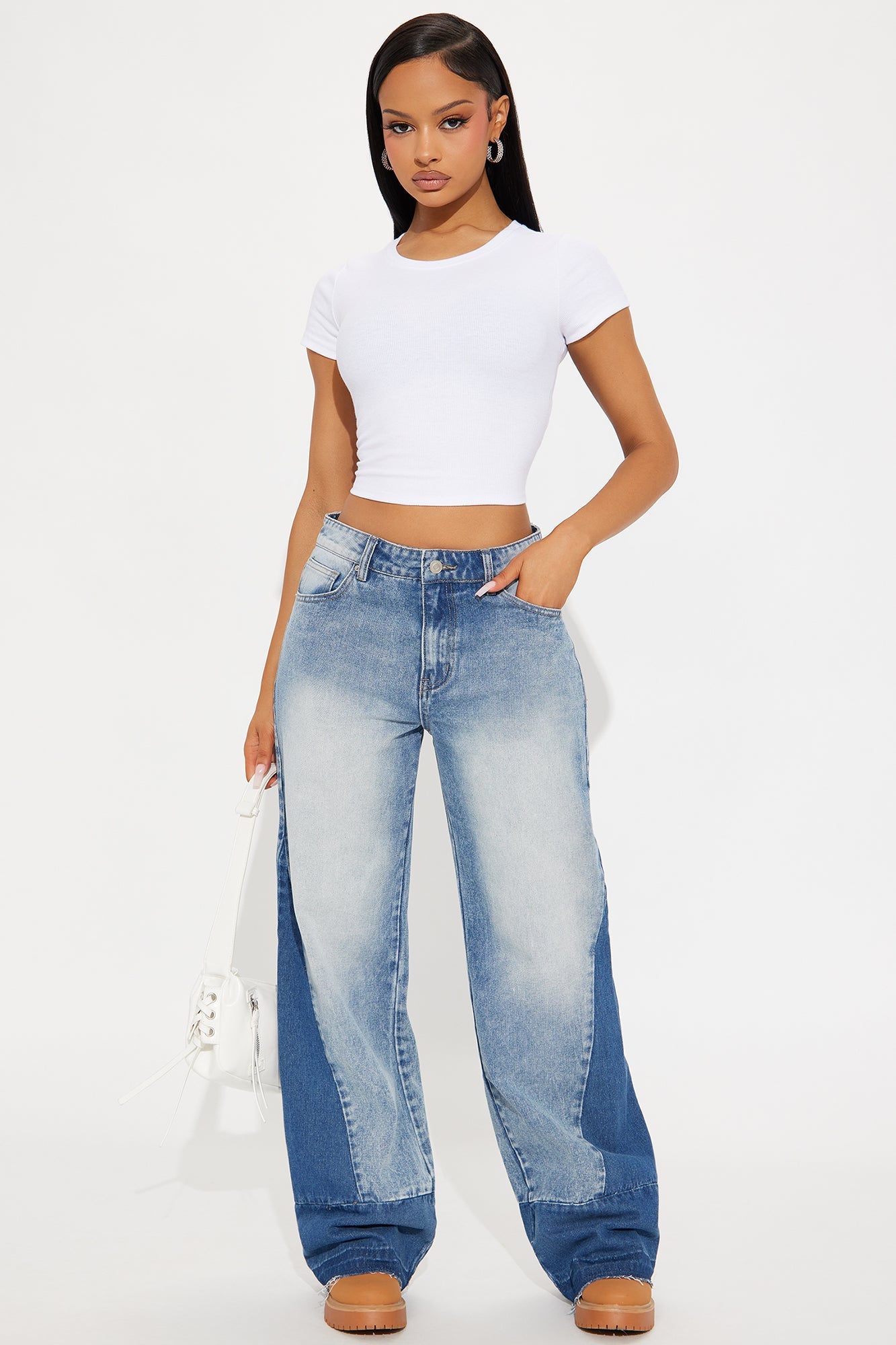 Left Bank Two Tone Wide Leg Jeans - Medium Wash