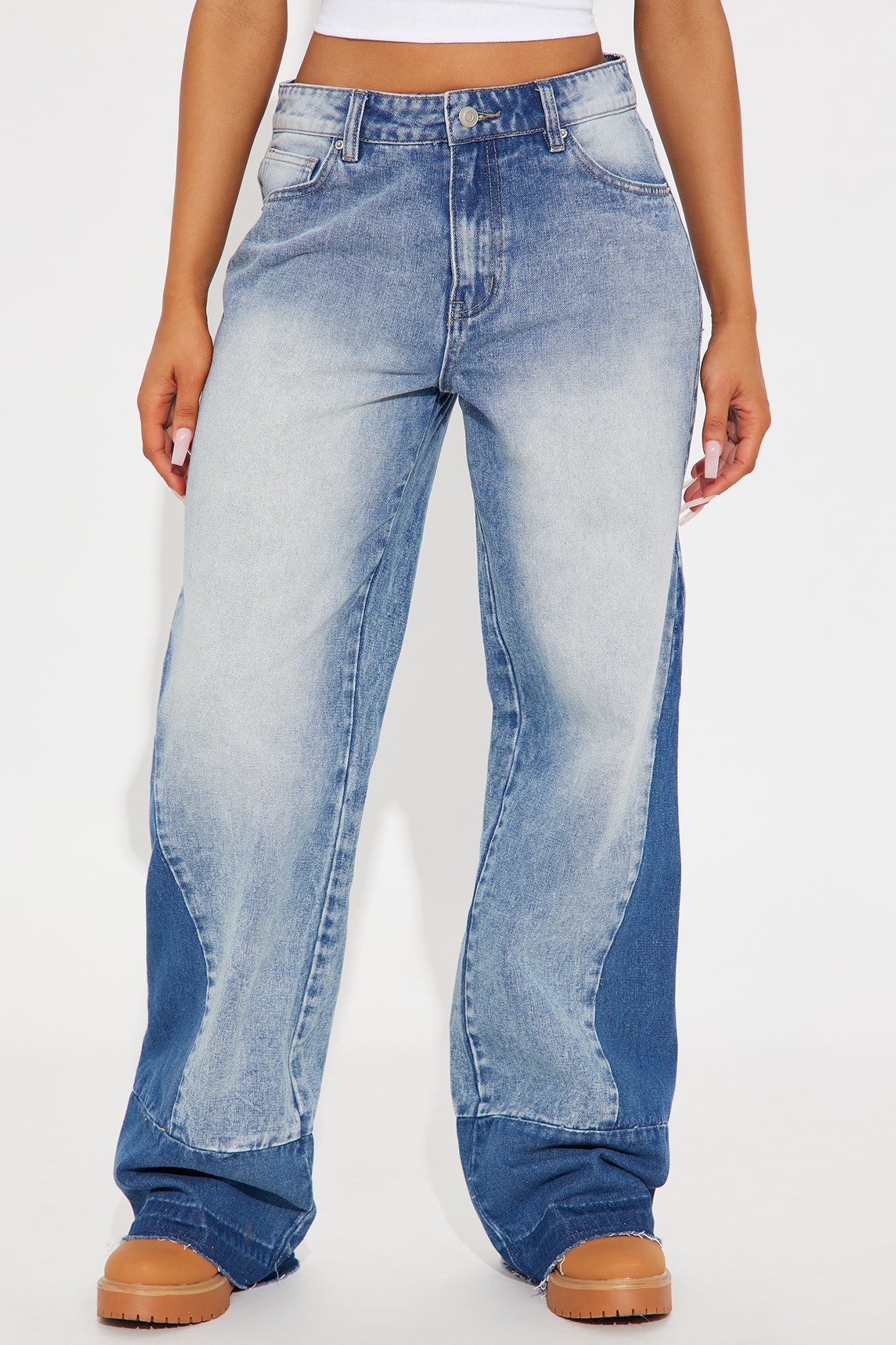 Left Bank Two Tone Wide Leg Jeans - Medium Wash