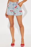 Cherry On Top Printed Denim Shorts - Light Wash