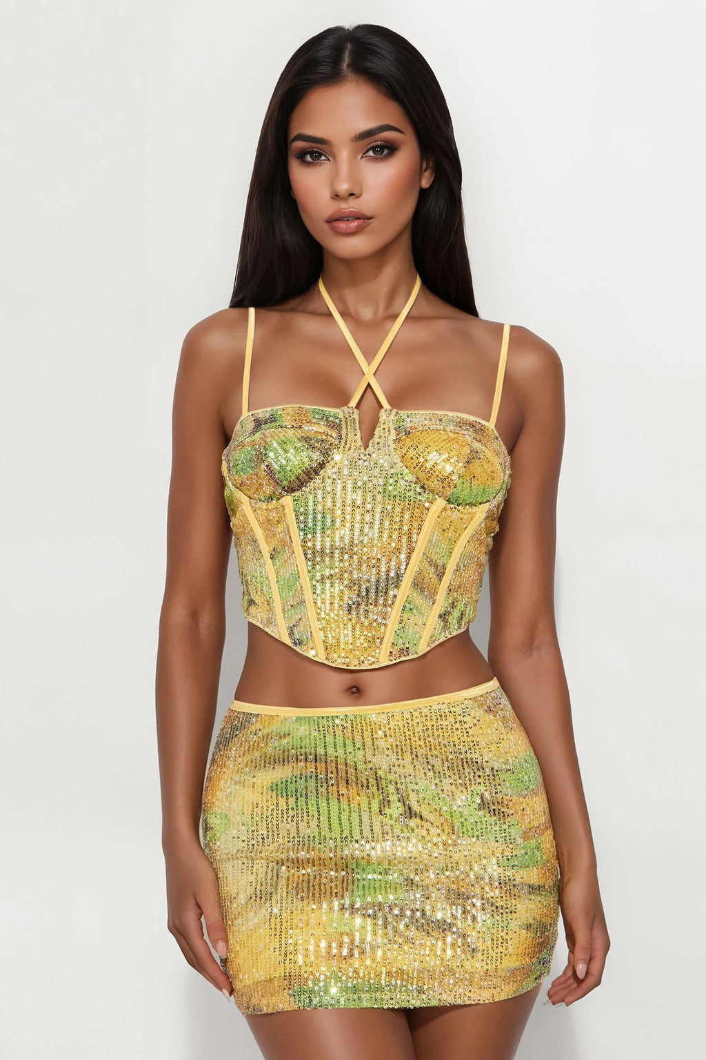 Nyomie Sequin Mini Skirt Set - Yellow/combo