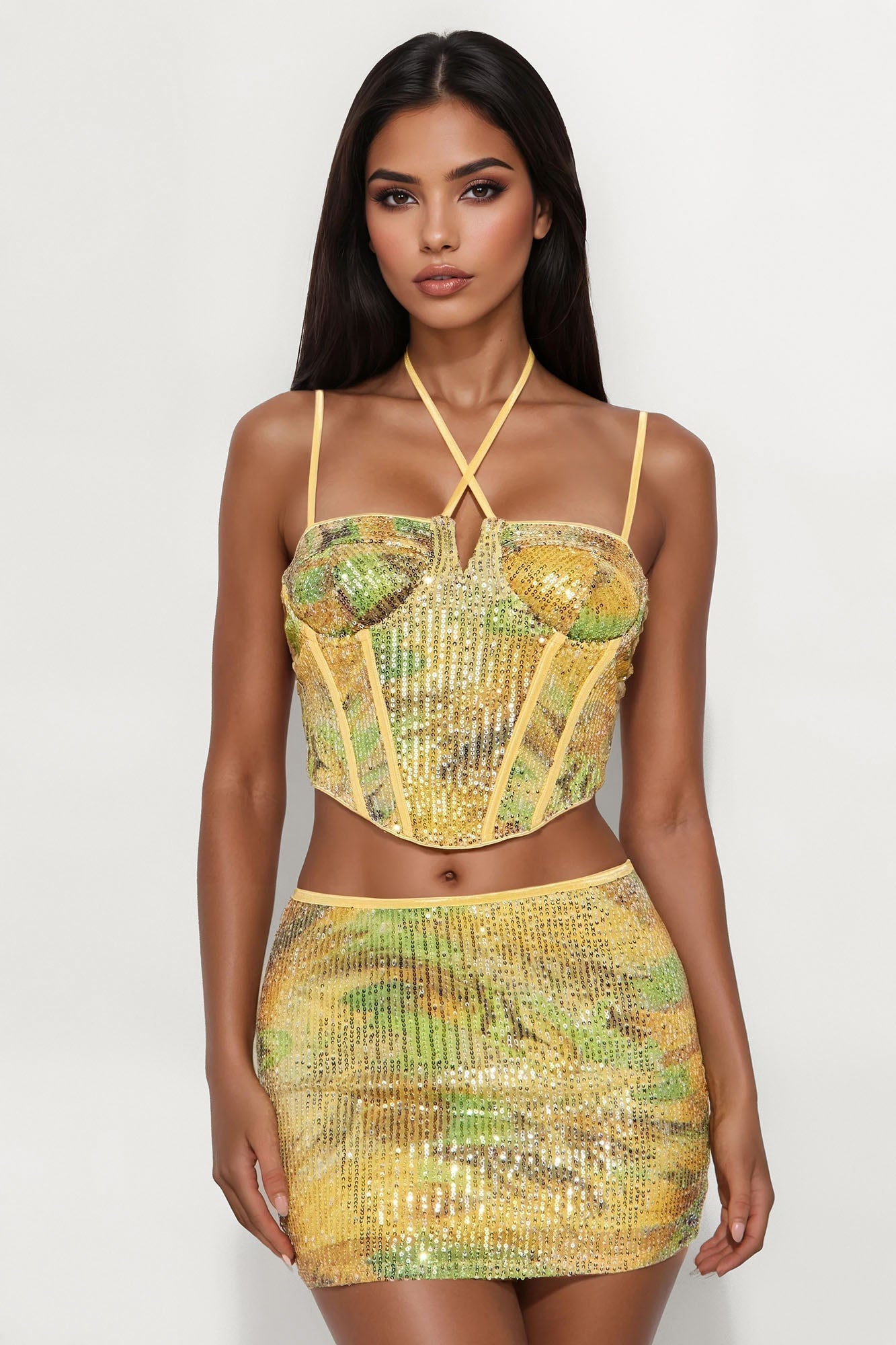 Nyomie Sequin Mini Skirt Set - Yellow/combo