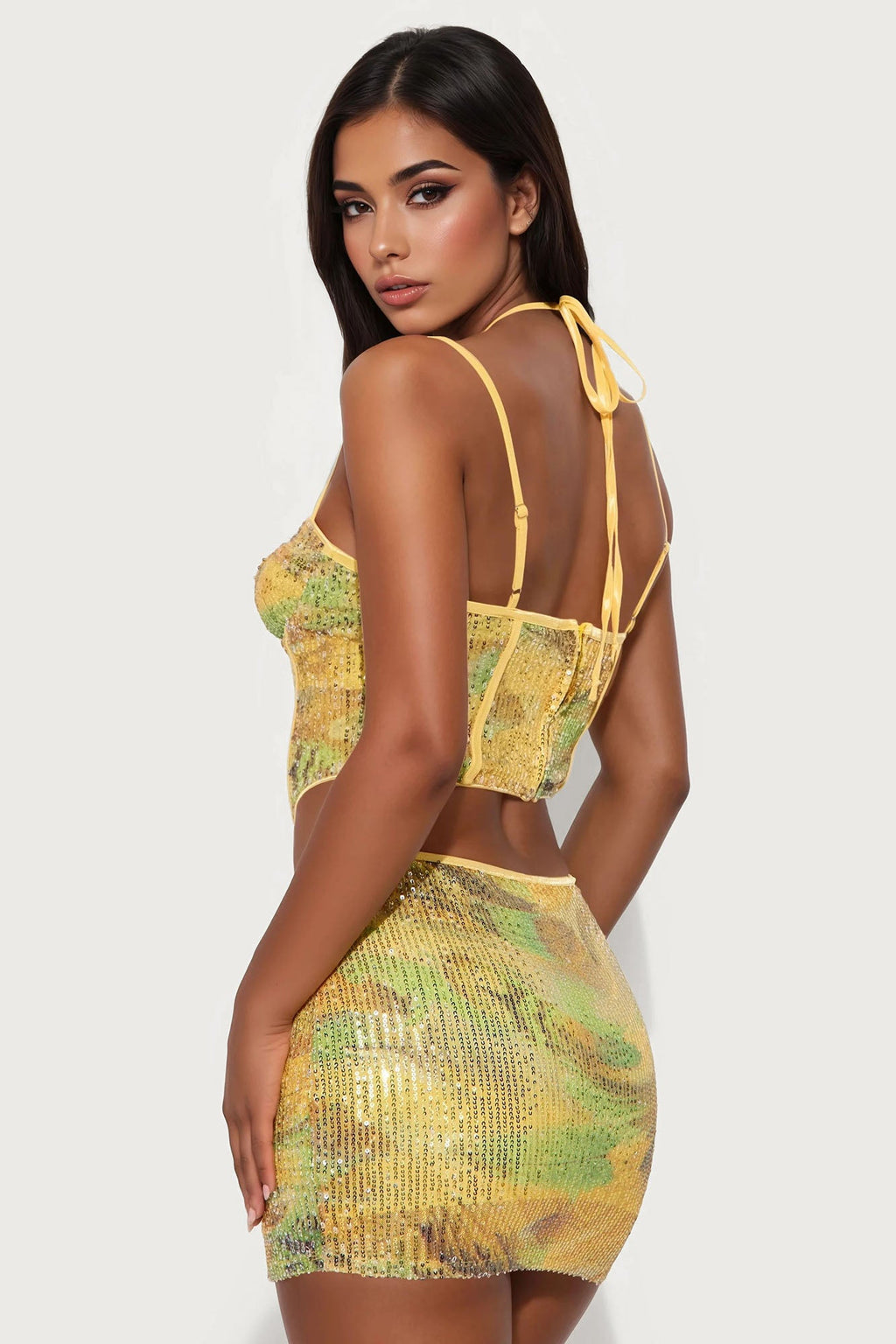 Nyomie Sequin Mini Skirt Set - Yellow/combo