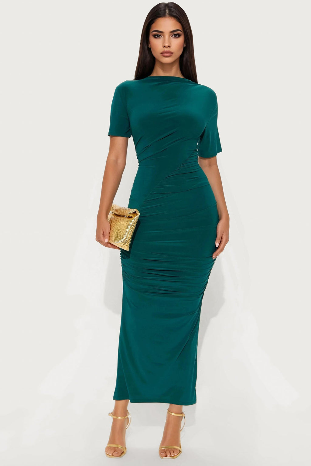 Keep Calling Ruched Maxi Dress - Hunter