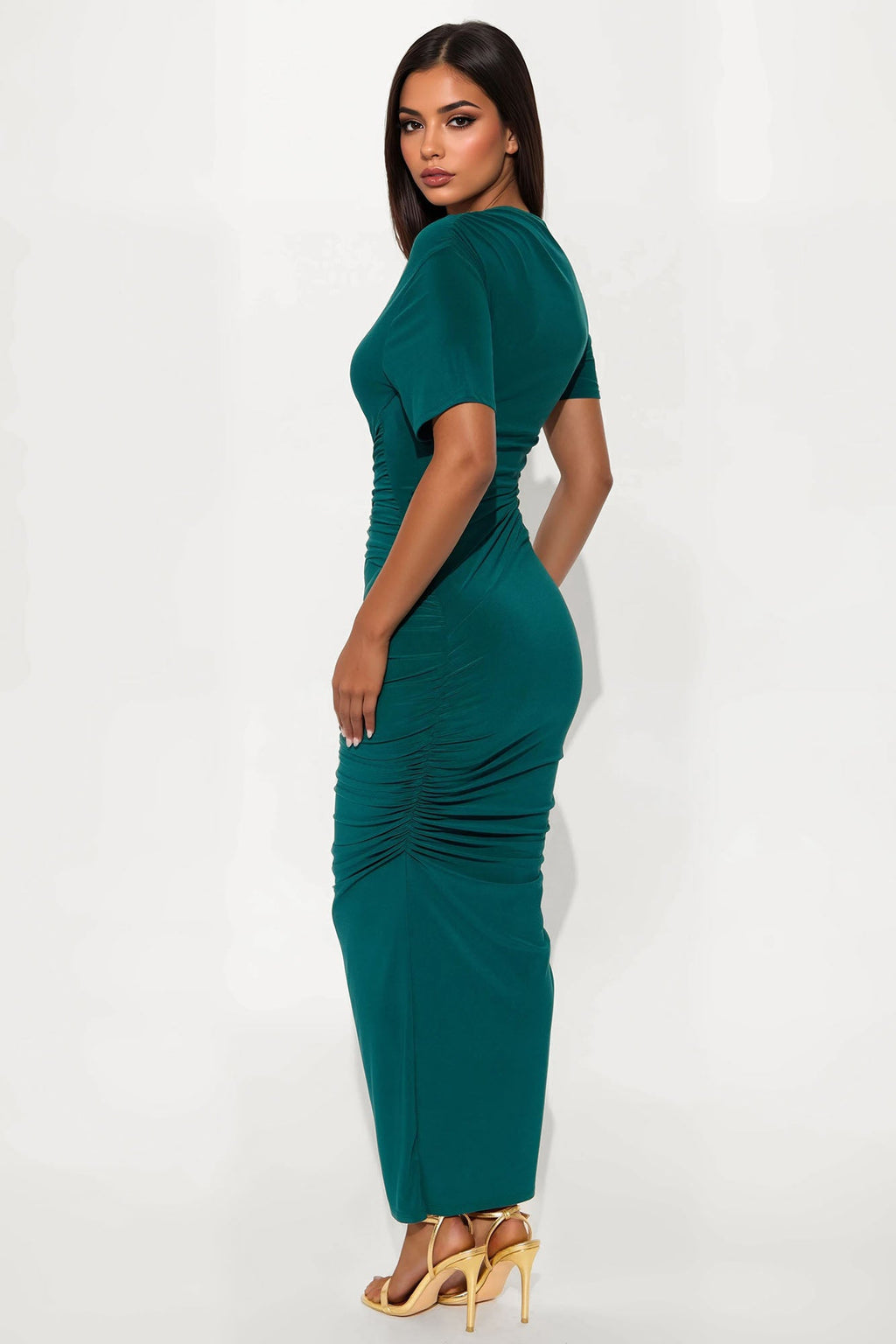 Keep Calling Ruched Maxi Dress - Hunter