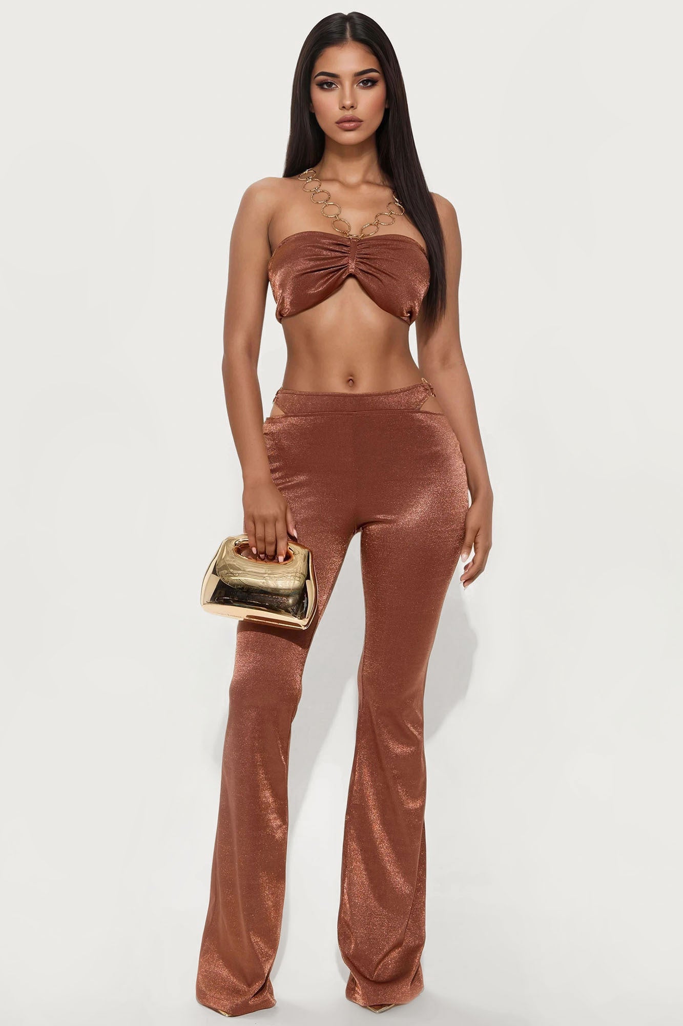 Mia Chain Strap Halter And Flare Leg Pant Set - Chocolate