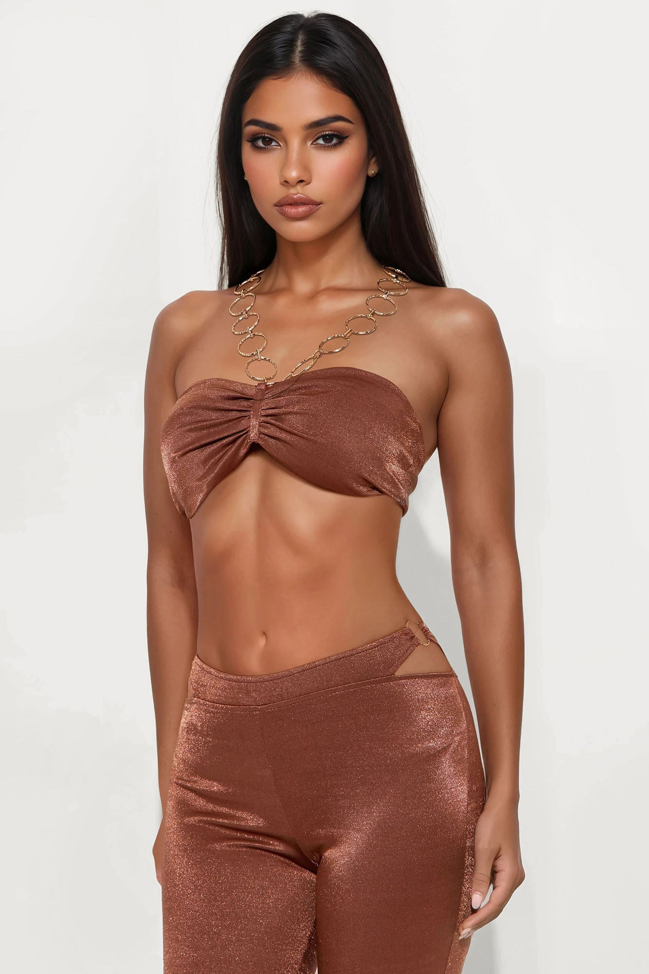 Mia Chain Strap Halter And Flare Leg Pant Set - Chocolate