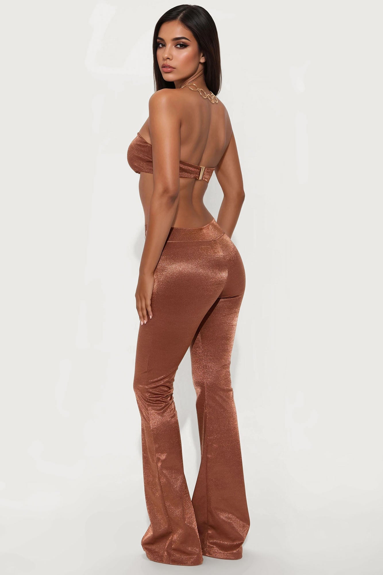 Mia Chain Strap Halter And Flare Leg Pant Set - Chocolate