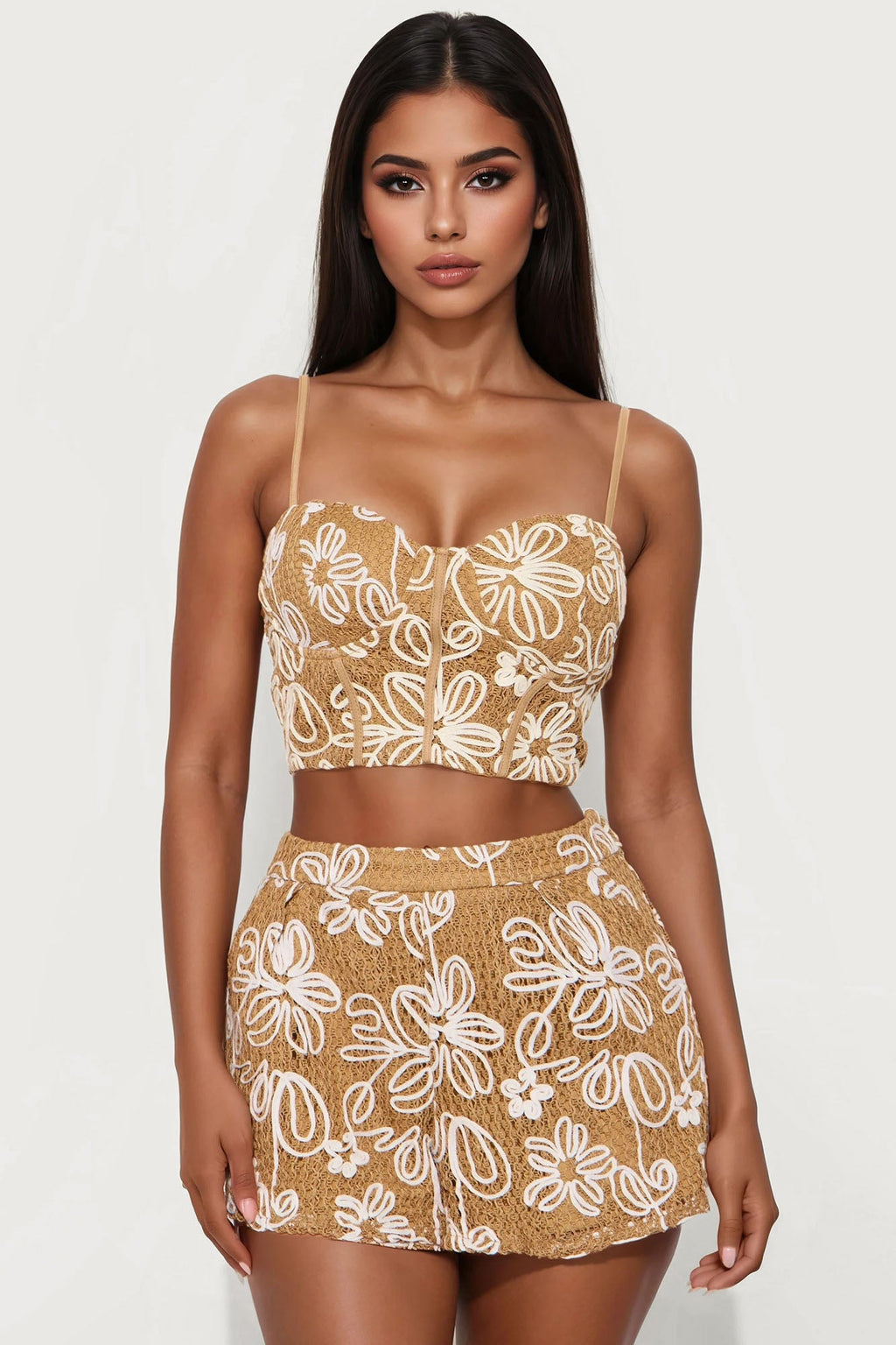 Mimosas And Chill Embroidered Short Set - Camel