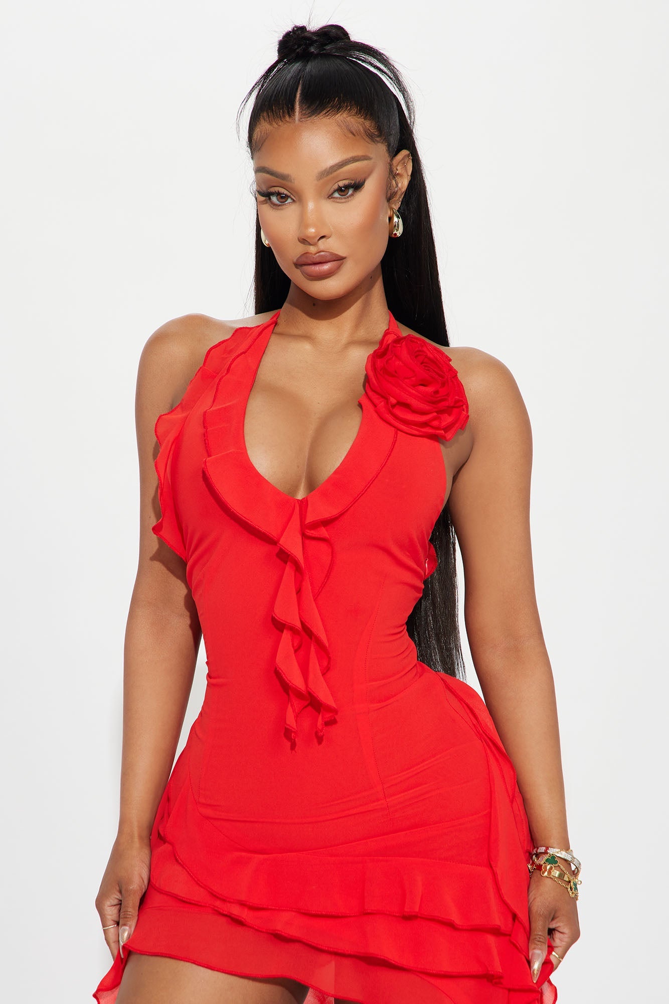 Ruffles and Roses Mini Dress - Red