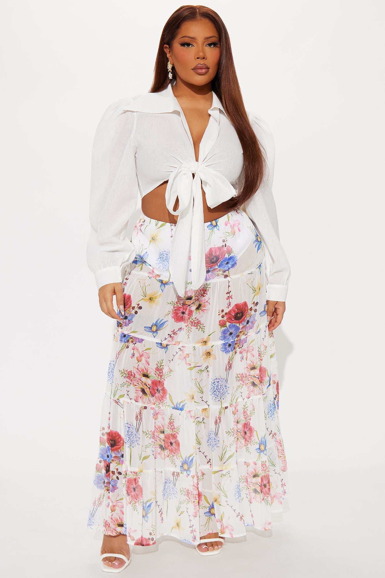 Florence Sheer Tiered Floral Maxi Skirt - White/combo
