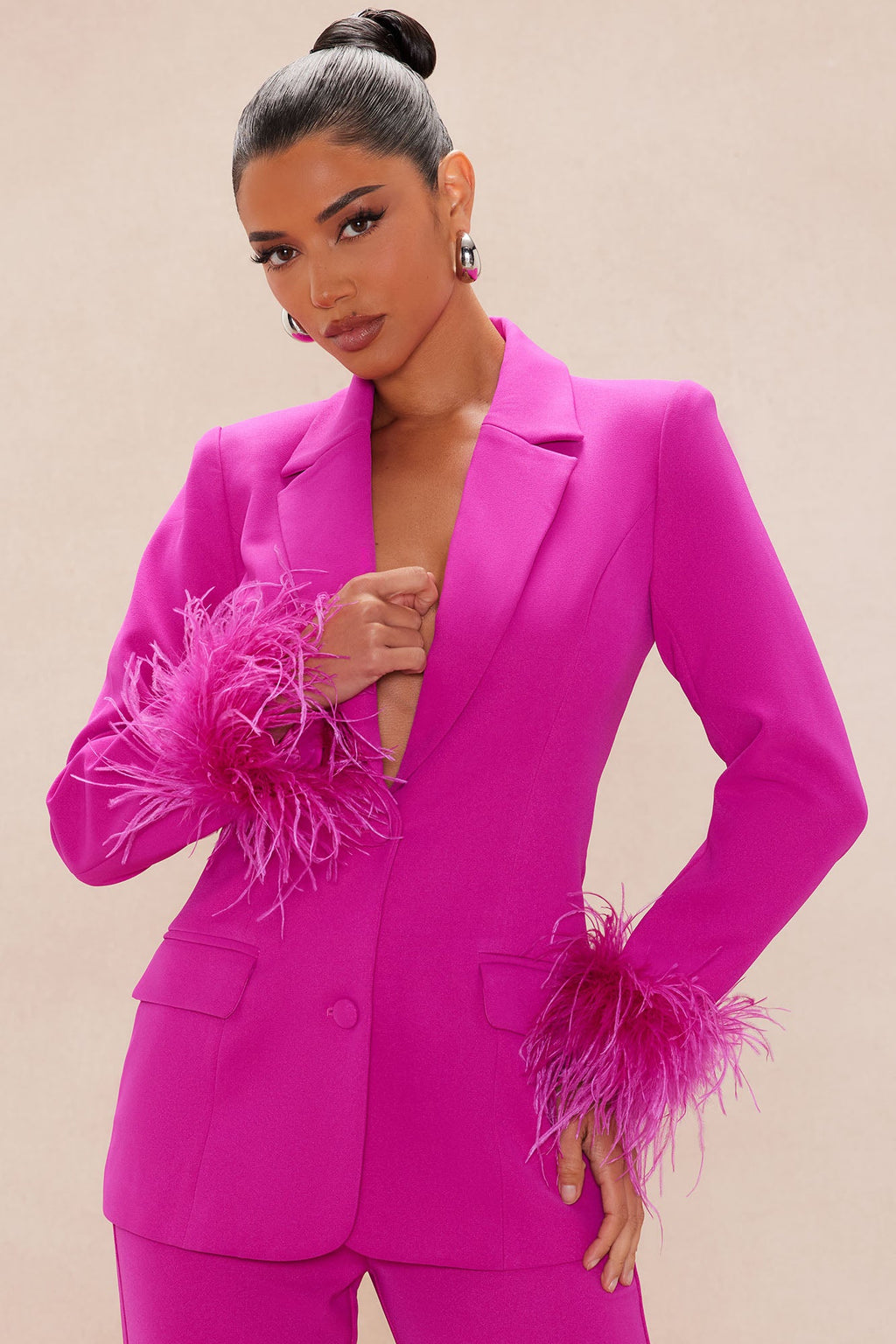 Clarissa Feather Blazer Suit Set - Hot Pink