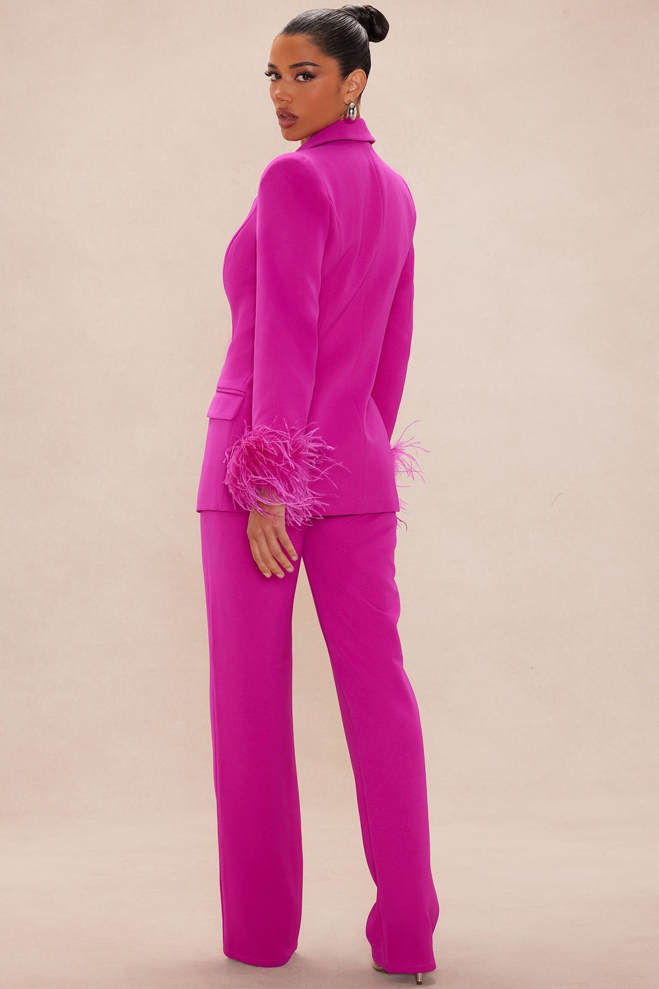 Clarissa Feather Blazer Suit Set - Hot Pink