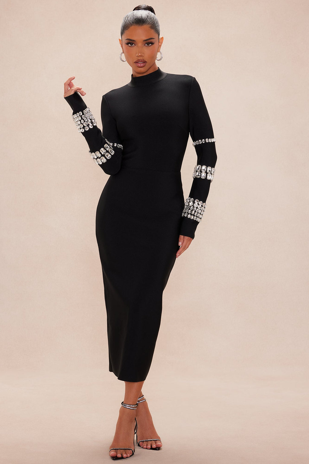 Hillary Bandage Embellished Midi Dress - Black