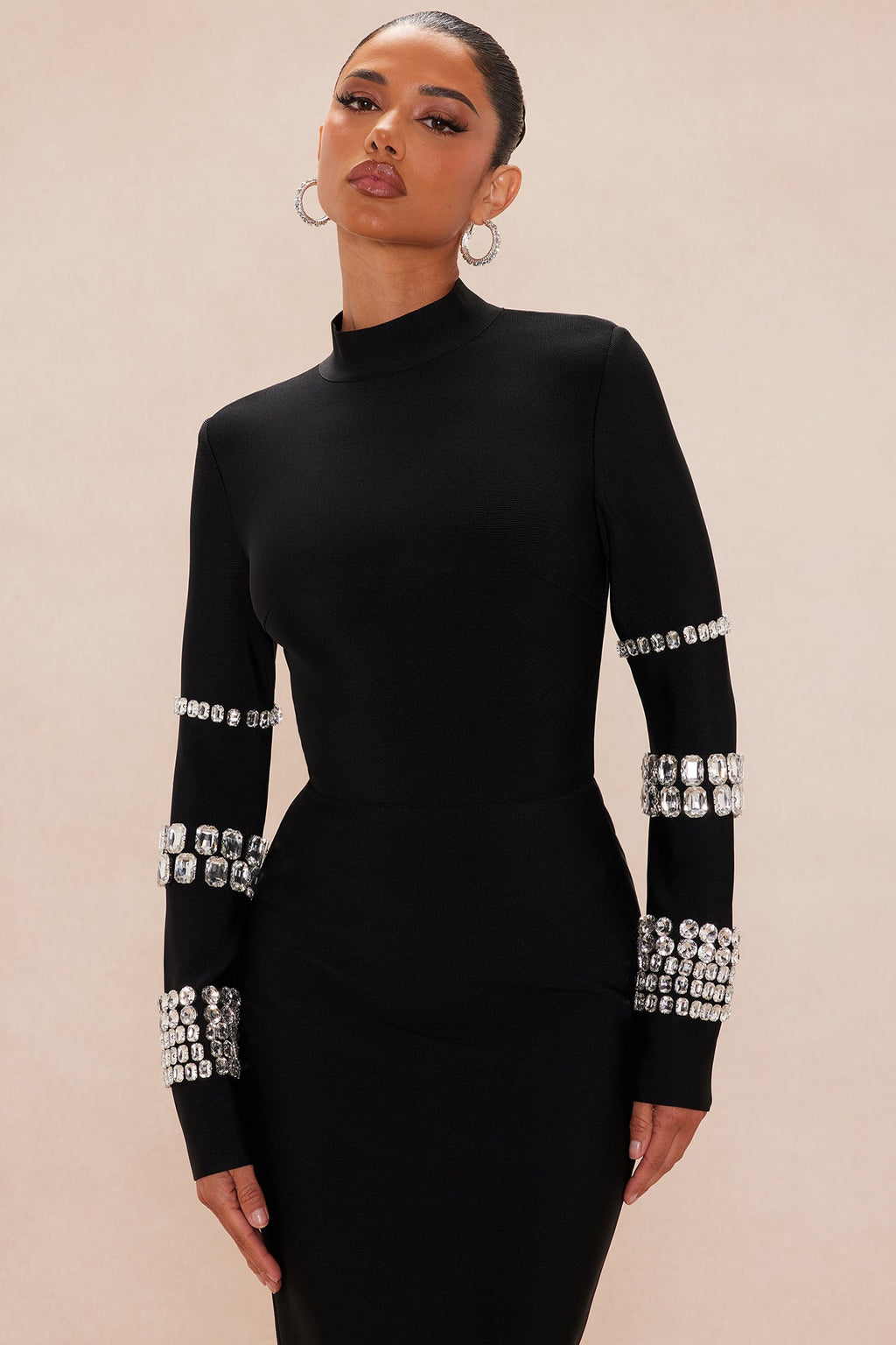 Hillary Bandage Embellished Midi Dress - Black