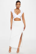 Somewhere In St. Tropez High Rise Ruched Midi Skirt W/ Slit - White