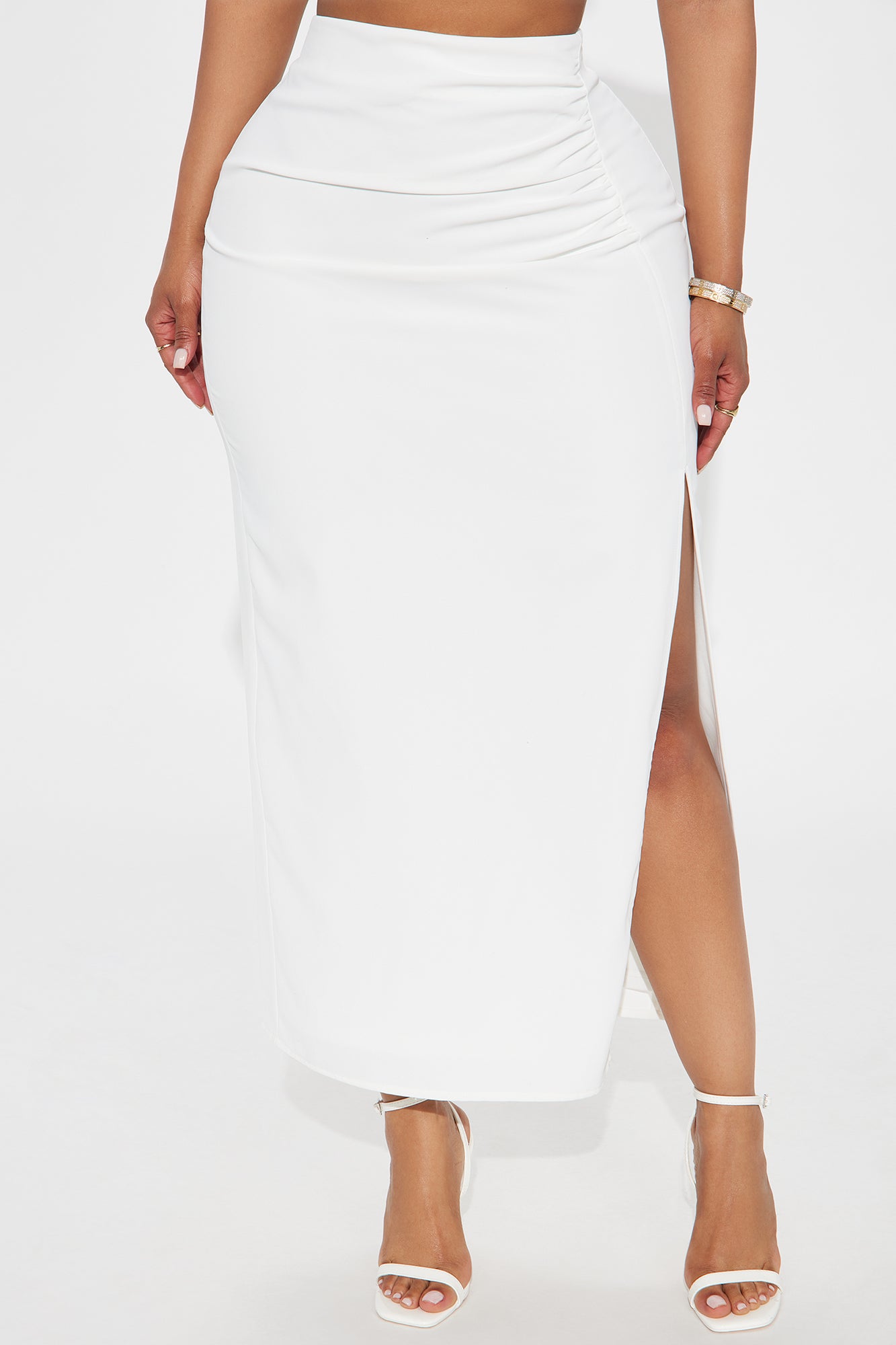 Somewhere In St. Tropez High Rise Ruched Midi Skirt W/ Slit - White