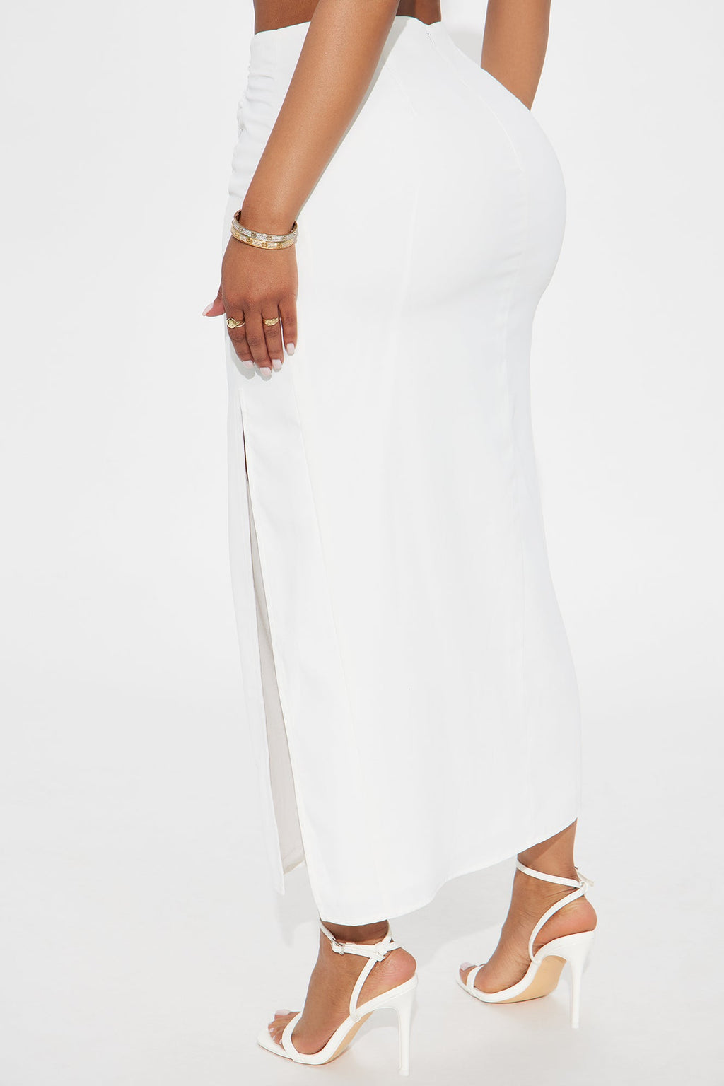 Somewhere In St. Tropez High Rise Ruched Midi Skirt W/ Slit - White