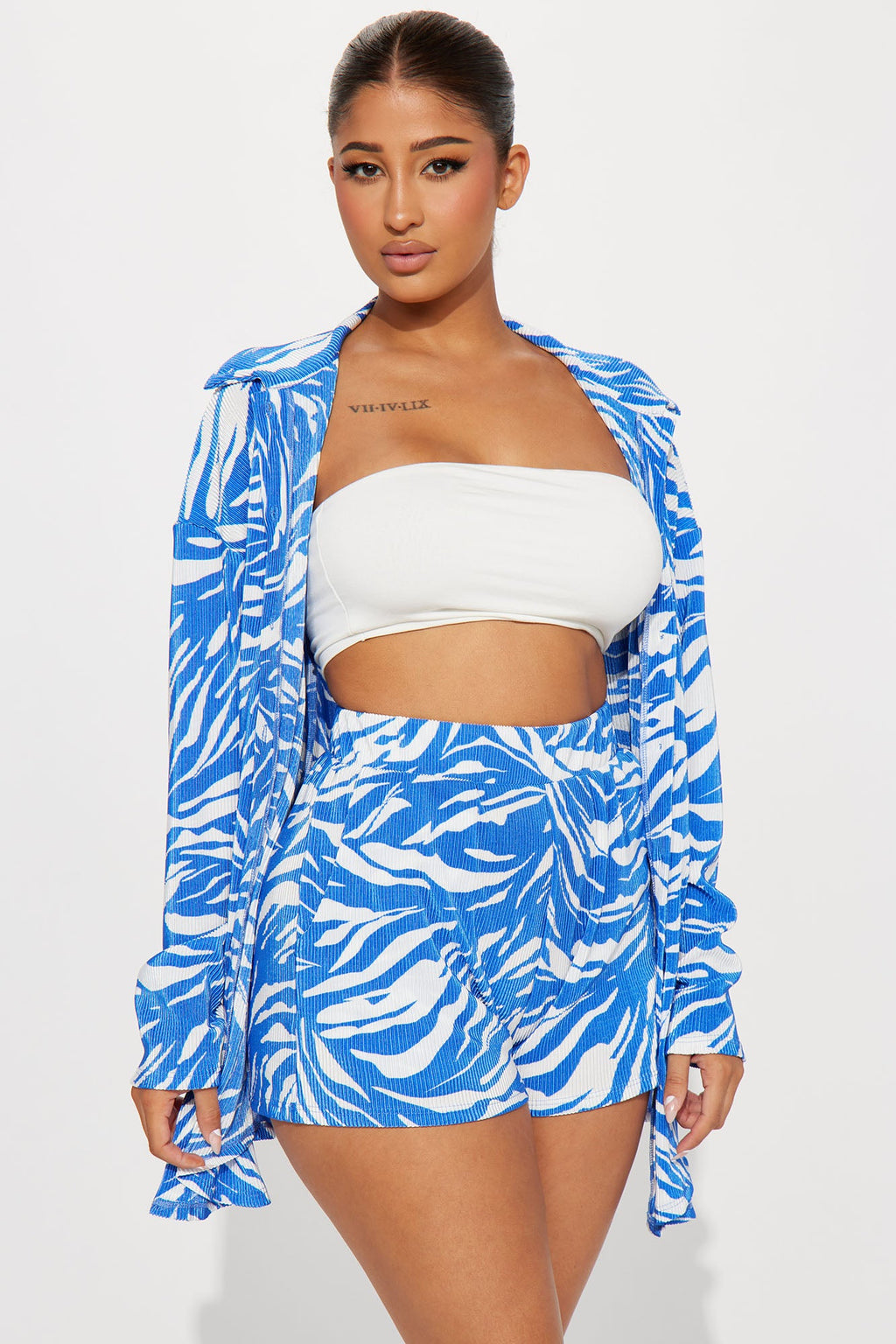 Jaylene Plisse Short Set - Blue/combo