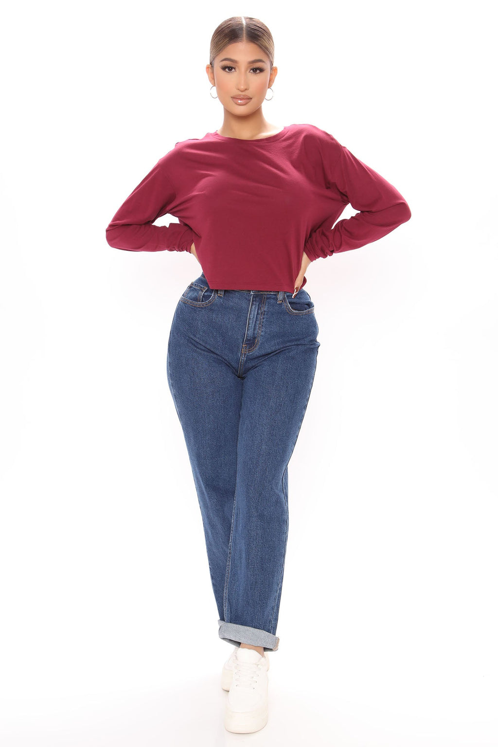 Leslie Long Sleeve Cropped Tee - Wine