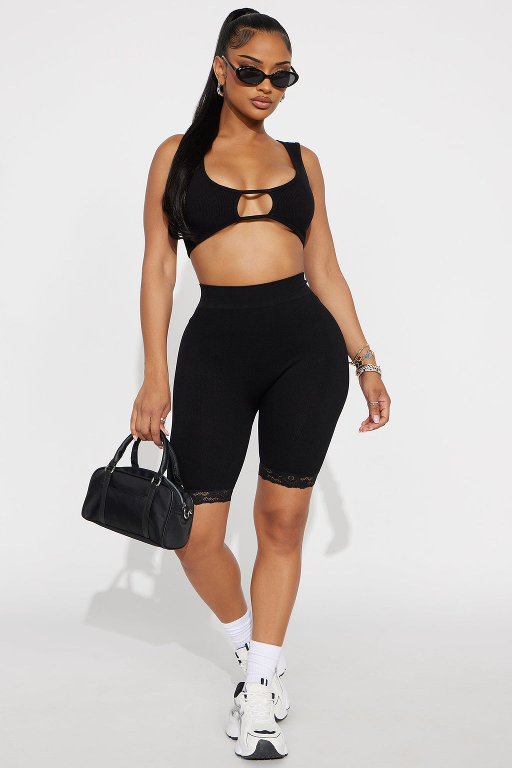 Caitlynn Seamless Lace Trim Biker Short - Black