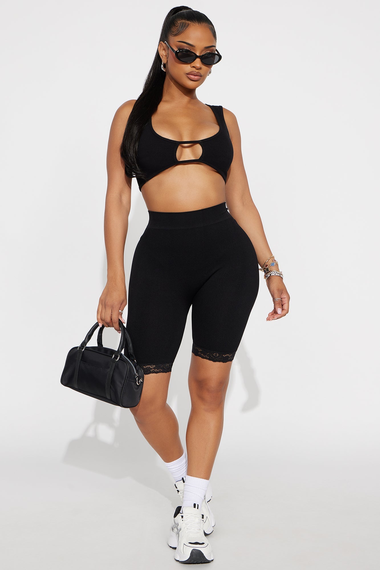 Caitlynn Seamless Lace Trim Biker Short - Black