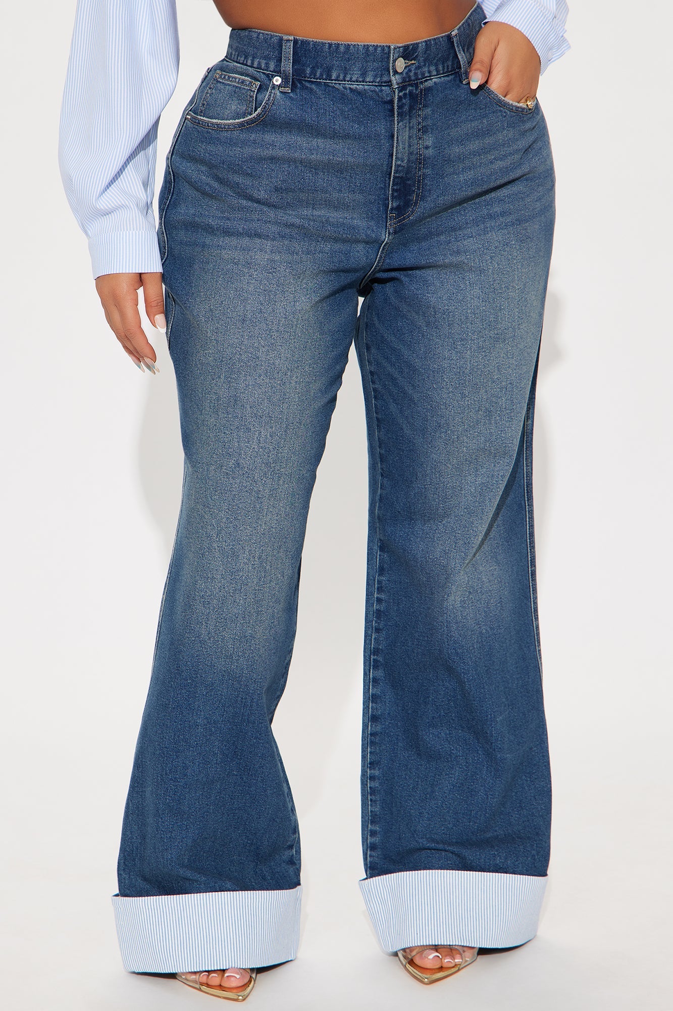 Well Suited Cuffed Stretch Wide Leg Jeans - Vintage Wash
