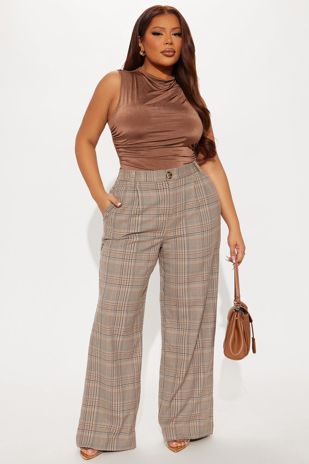 Talk Later Wide Leg Plaid Trouser - Khaki/combo
