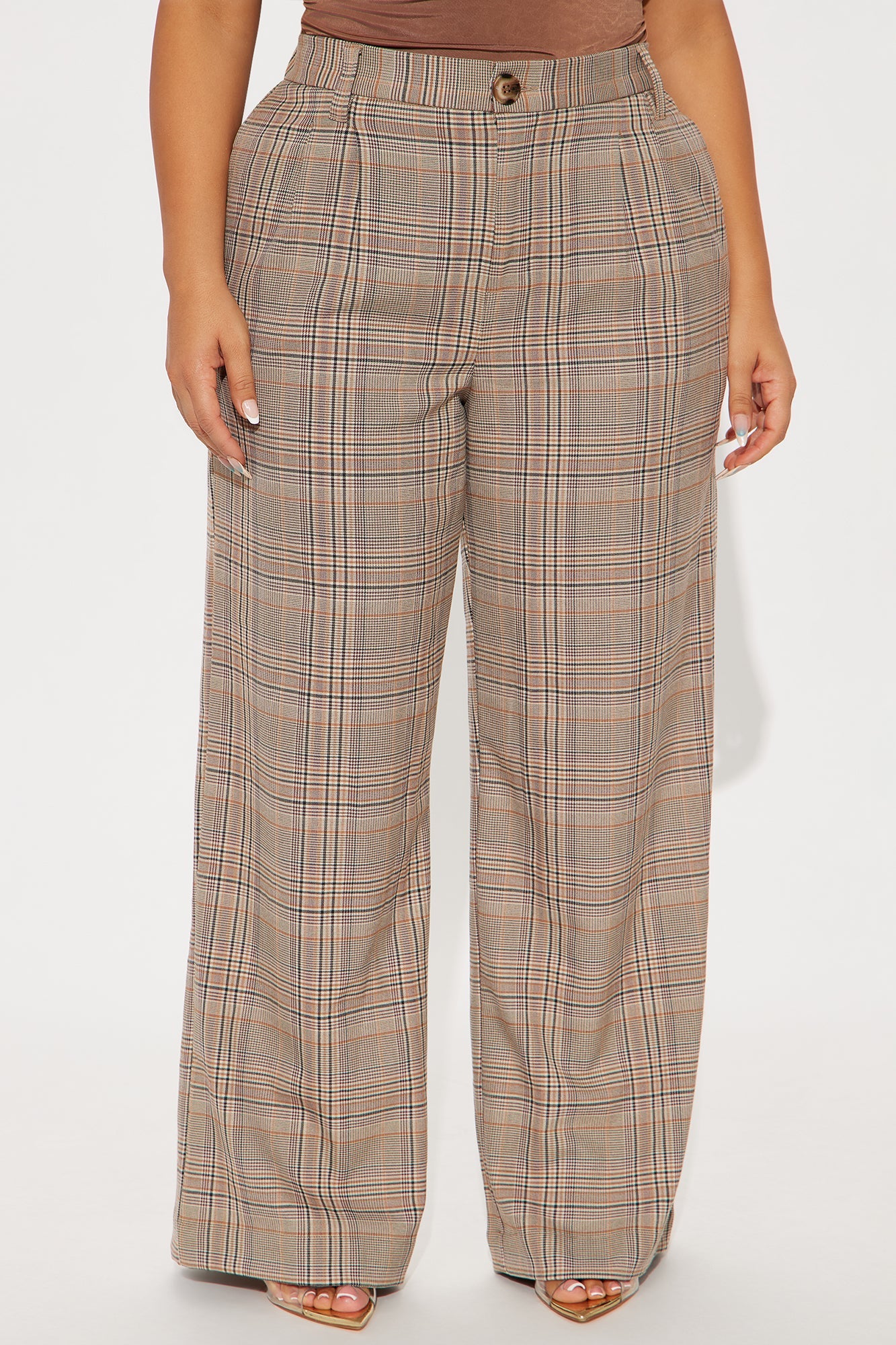 Talk Later Wide Leg Plaid Trouser - Khaki/combo