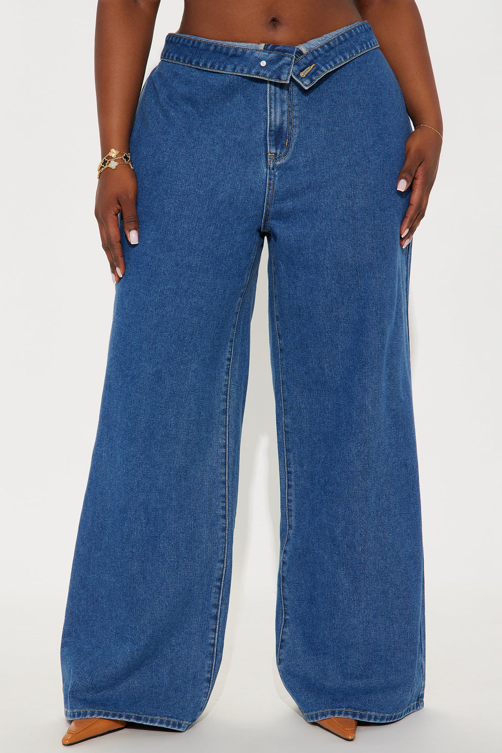 So Inspired Foldover Waistband Trouser Jeans - Medium Wash